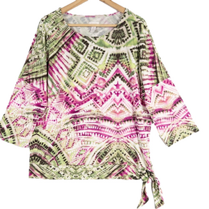 Chico's size 2 Large Print shirt Top Womens side tie blouse green pink